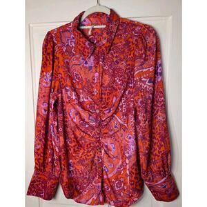 Free People Bianca Paisley Animal Long Sleeve Boho Blouse L(791)
